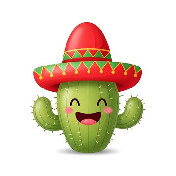 A cactus wearing a sombrero smiling and waving with excitement