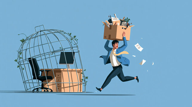 Escape From Confinement: A businessman flees an empty, overgrown office cage, carrying his belongings in a cardboard box, symbolizing a break from corporate servitude and a pursuit of freedom.