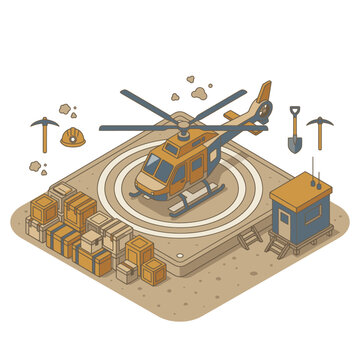Corporate Isometric of Construction Site with Helicopter Tools and Storage Buildings in Earthy Tones