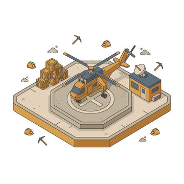 Dynamic Isometric of a Helicopter Landing Pad with Mining and Communication Elements with high quality professional line art symbols for modern creative design and digital branding projects