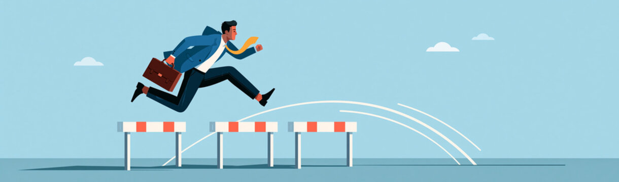 Business Hurdles: A determined businessman leaps over hurdles with his briefcase, symbolizing the challenges and obstacles overcome in the pursuit of success in the corporate world.