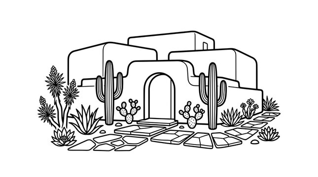 Southwestern adobe house line art, desert villa with saguaro cactus and succulents, minimalist pueblo architecture illustration
