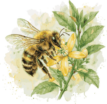 Created on Watercolor A Honey bee on lemon flower - springtime scene with vector art on white background