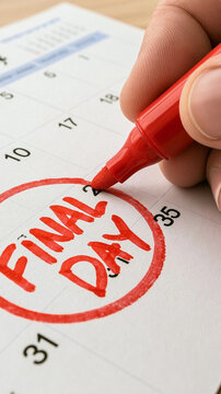 Final Day Reminder: A hand holding a red marker encircles FINAL DAY on a calendar, emphasizing an important deadline.