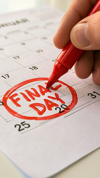 Marking the Final Day on Calendar: A close-up shot of a hand holding a red marker, circling the 'FINAL DAY' on a calendar, signifying an important date or deadline.