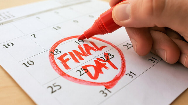 Final Day Deadline Marked: A close-up shot shows a red marker circling the words FINAL DAY on a calendar, symbolizing an approaching deadline.