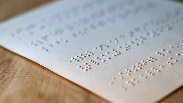 Braille Document Close-up: A tactile document featuring raised dots arranged in Braille code, offering a glimpse into a system of reading and writing for the visually impaired.