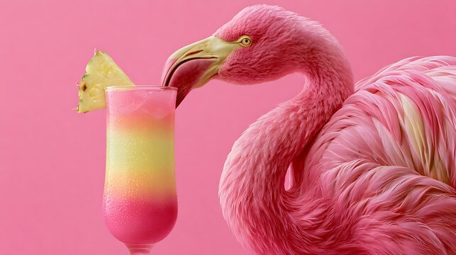 Pink Flamingo Bird Drinking Colorful Tropical Summer Cocktail with Pineapple Slice
