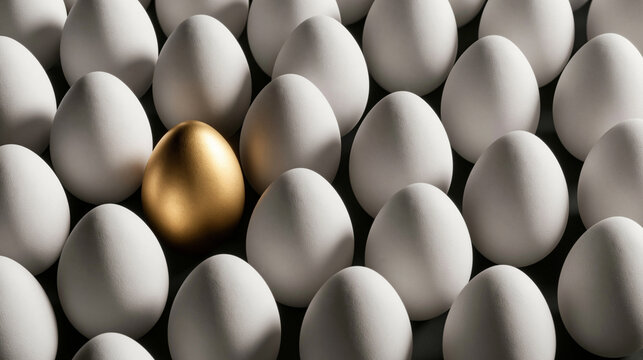 Golden Egg Among Many: A single, radiant golden egg stands out amidst a field of ordinary white eggs, symbolizing uniqueness and exceptional value.