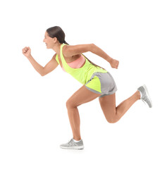 Fototapeta premium Fitness and healthy lifestyle, young woman running or jogging in athletic wear, isolated on a white background