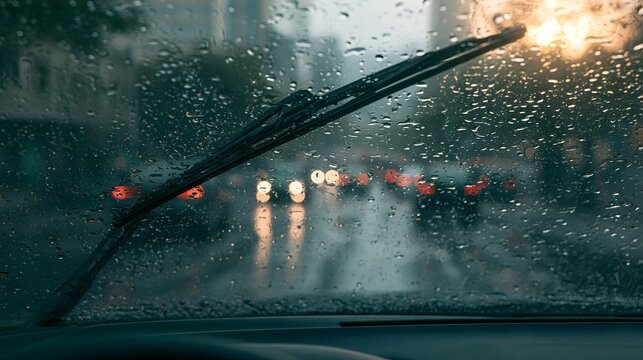 Car Windshield Wiper Clearing Heavy Rain on Wet City Road, Blurred Traffic Lights Through Rainy Glass, Stormy Weather Driving, Road Safety, Urban Commute and Monsoon Travel Concept