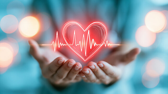 Hands holding a glowing red heart with an ECG heartbeat line, symbolizing health and care.