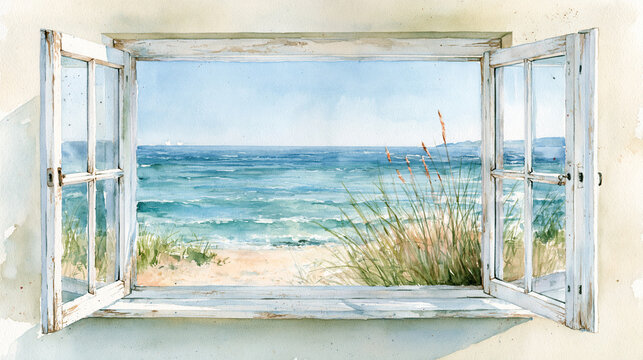 Open window overlooking a serene beach with gentle waves, sand, and coastal grasses under a clear blue sky.