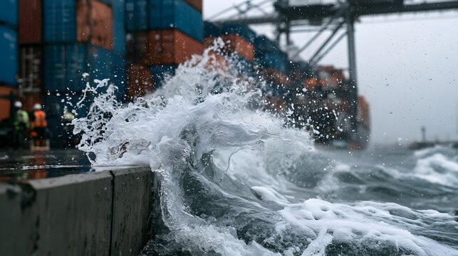 Powerful Ocean Wave Crashing Against Industrial Harbor Seawall, Dramatic Stormy Sea Splash at Shipping Port with Cargo Containers and Cranes, Coastal Weather and Maritime Danger Concept