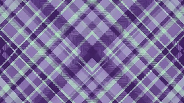 Abstract purple and green plaid tartan pattern moving diagonally looping background