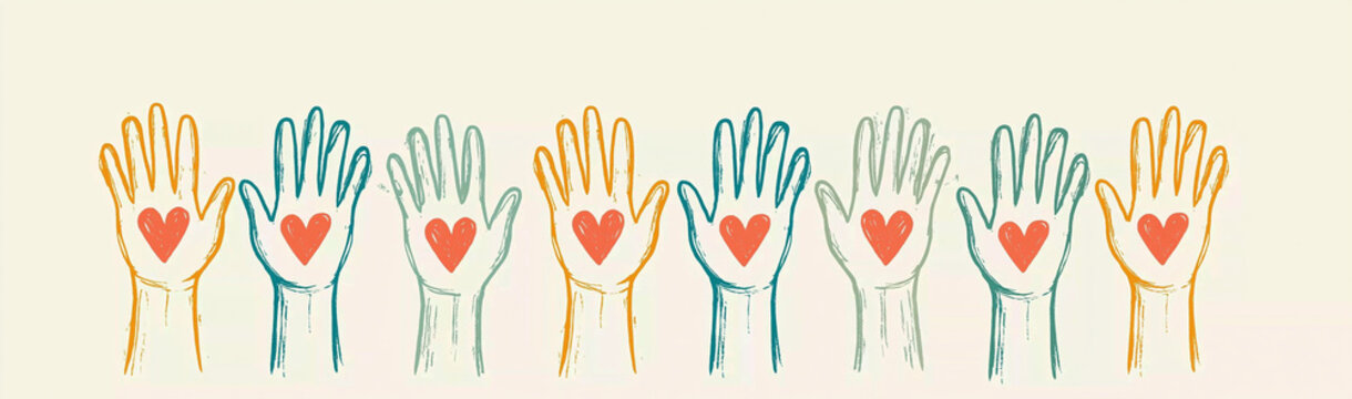 Hands of Compassion: A vibrant illustration showcasing a line of diverse hands, each painted in warm hues of yellow and blue, held open with a heartfelt red symbol at the palm, symbolizing unity.