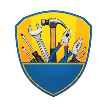 A shield-shaped logo featuring various hand tools