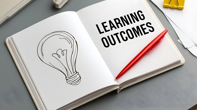 Learning Outcomes Concept in Open Notebook with Light Bulb Sketch and Red Pencil, Education Planning, Study Goals, Academic Achievement, Knowledge Development and Student Success Idea