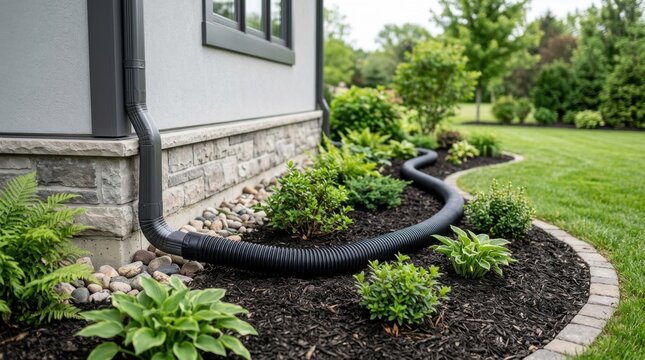 Dark corrugated plastic drainage pipe connected to black downspout on stone residential foundation for yard water redirection.