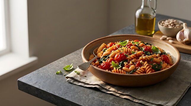 A delicious bowl of fusilli pasta with tomato sauce, white beans and spinach ideal for Budget Meal Recipes