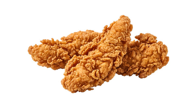 Three crispy fried chicken tenders breaded and seasoned for a delicious meal isolated on transparent background