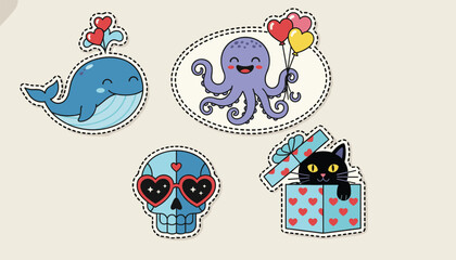 Naklejka premium Colorful sticker set featuring a whale, an octopus with balloons, a skull in glasses, and a black cat in a gift box.