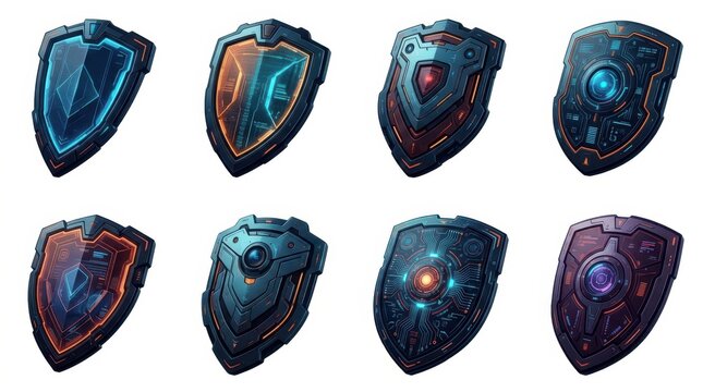 Futuristic digital armor security badges with glowing neon lights and cybernetic patterns