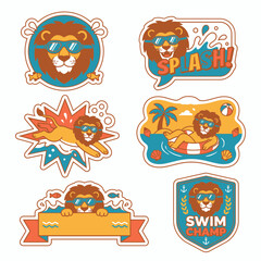 Fototapeta premium Swimming lion character pool and water activity stickers.