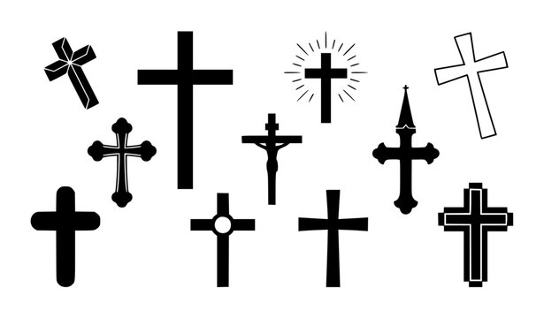 Minimal Christian cross and crucifix religious symbol vector icon collection