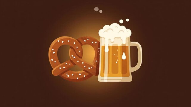 animated beer mug and pretzel popping out on brown background