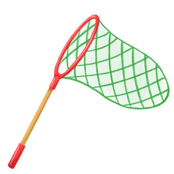Hand Drawn Green Butterfly Net with Red Frame and Wooden Handle Illustration Isolated on Transparent Background