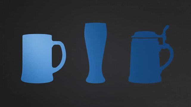 Silhouette animation of beer glasses and mugs scaling up on a dark background
