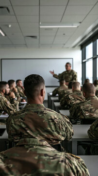 Military Training Session: A commanding officer instructs a room full of attentive soldiers, all clad in camouflage uniforms, during a classroom training session.