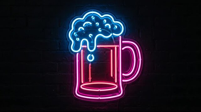 Glowing Neon Beer Mug with Foam Animation on Dark Background