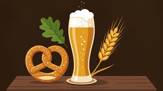 Animated Oktoberfest Beer Glass with Pretzel and Wheat Vector