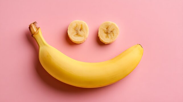 Creative Banana Smile Face on Pink Background, Minimal Healthy Food Concept with Yellow Banana and Sliced Fruit Eyes, Playful Nutrition, Happiness and Positive Lifestyle Idea