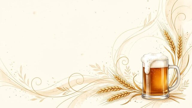 Fresh beer mug with foam and wheat spikelets on background illustration loop