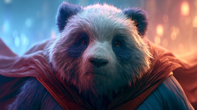 Majestic anthropomorphic panda warrior wearing ancient cinematic cloak in mystical atmosphere