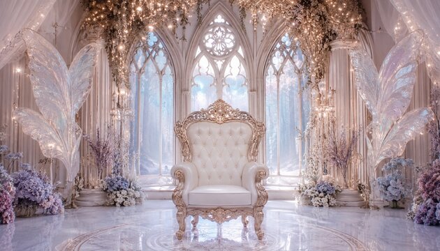 Enchanted gothic interior with ornate throne and fairy wings