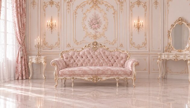Elegant pink rococo interior with ornate sofa and gold decor