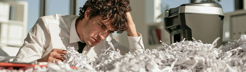 Obraz premium Overwhelmed by Paperwork: A man in a suit sits at his desk, looking dejected and stressed, with his head in his hand, surrounded by a mountain of shredded paper.