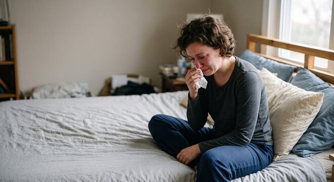 Depressed Woman Crying Holding Tissue Living Room Sofa Bed