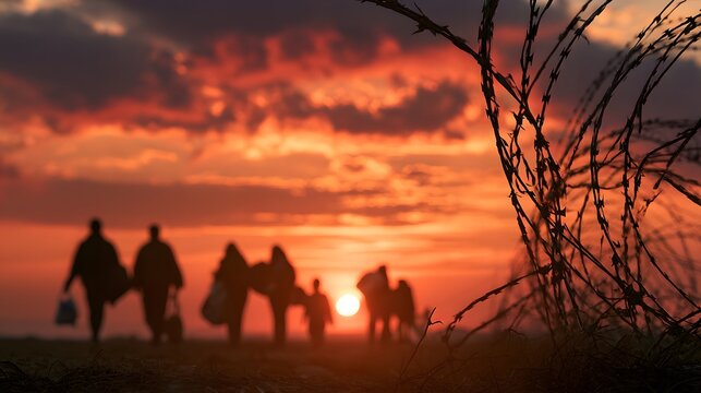 Silhouettes of Migrants Walking Near Barbed Wire at Sunset, Refugee Journey and Border Crossing Concept, Humanitarian Crisis, Displacement, Immigration, Freedom and Hope