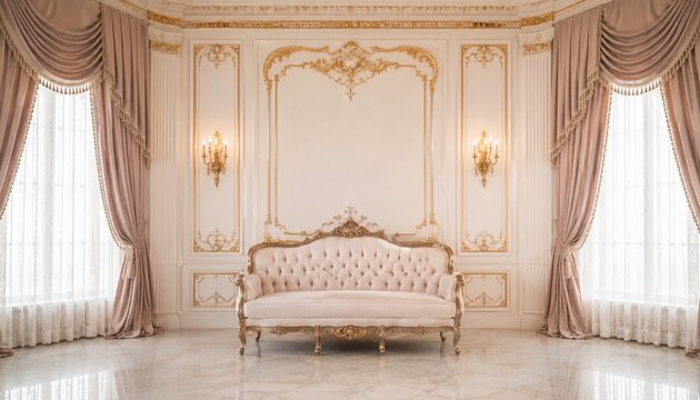 Elegant rococo interior with cream sofa and ornate gold decor