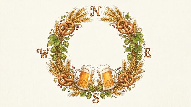 Oktoberfest beer festival decorative wreath with beer mugs pretzels wheat and hops