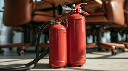 Obraz premium Safety First: Two red fire extinguishers stand ready in an office environment, symbolizing preparedness and safety in a professional setting.