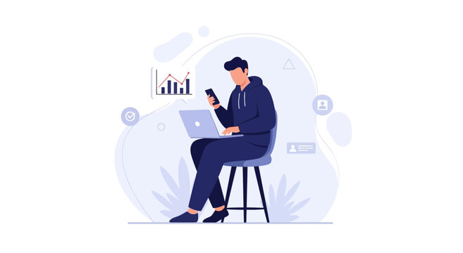 Young man multitasking with laptop and smartphone, business analytics graphics and social media icons in flat vector illustration