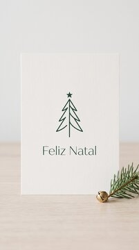 Minimalist Christmas greeting card featuring Feliz Natal text green tree icon and decorative pine branch on wooden surface