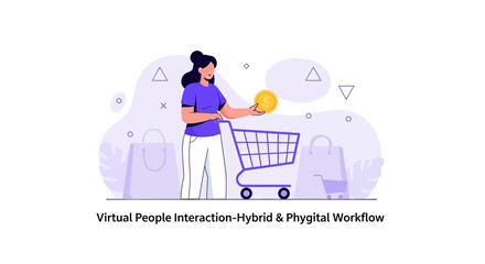Obraz premium Woman with Shopping Cart and Gold Coin - Hybrid and Phygital Commerce Concept