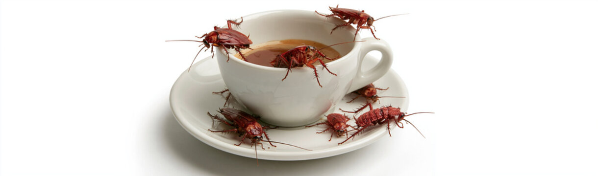 Cockroach Infestation in Coffee Cup: A startling image of a coffee cup and saucer contaminated with numerous cockroaches, highlighting pest problem and hygiene concerns.